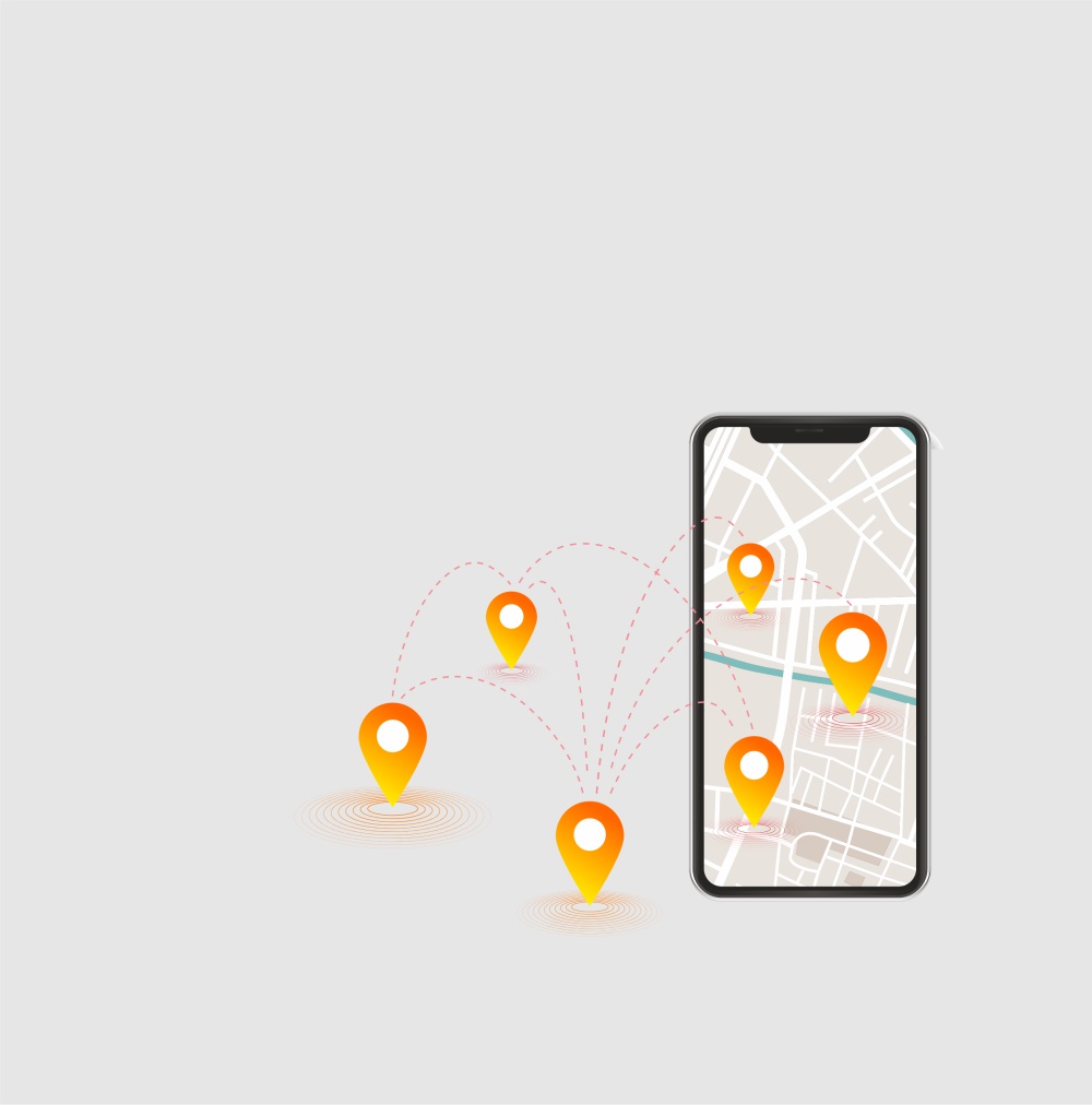 Mappa con più punti di localizzazione collegati a uno smartphone